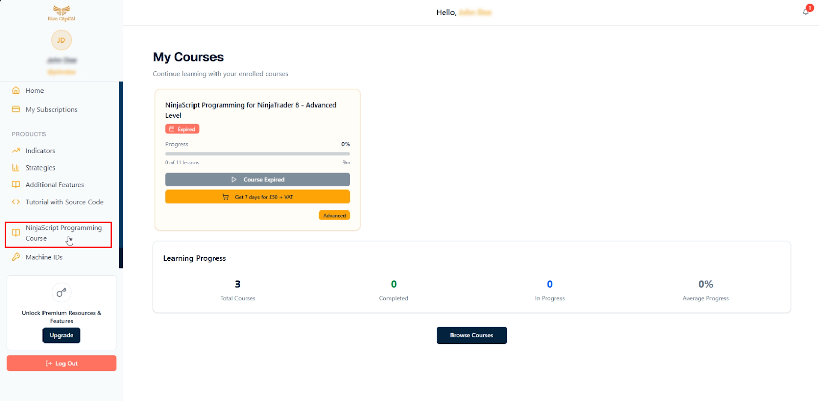 Rize capital user dashboard