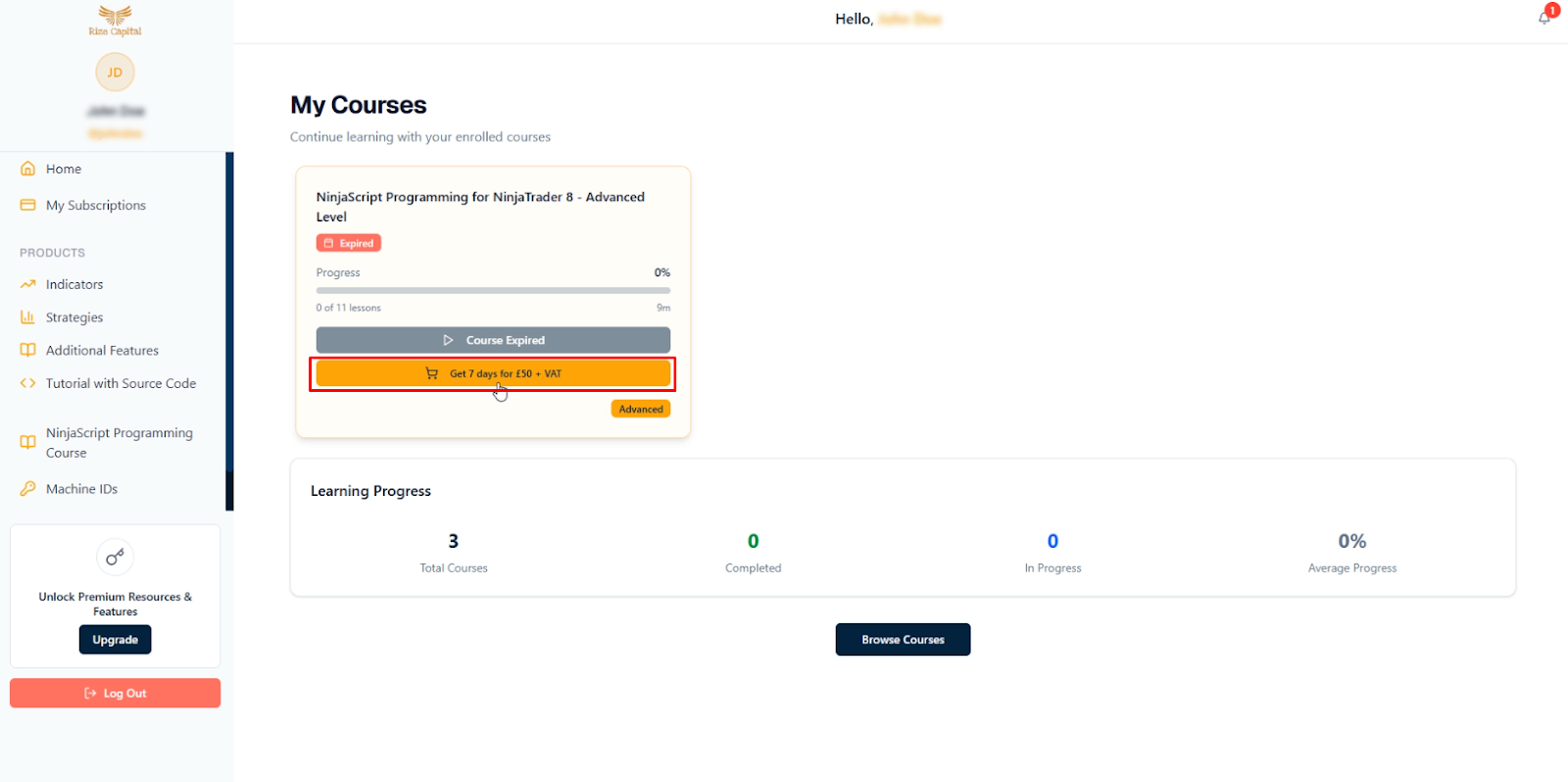rize capital dashboard courses menu