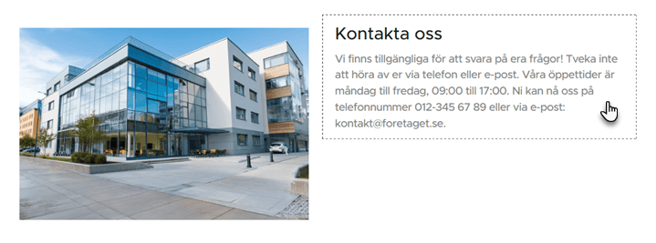 En färdig AI-sektion där AI:n har lagt till en bild samt en text med öppettider och kontaktuppgifter.