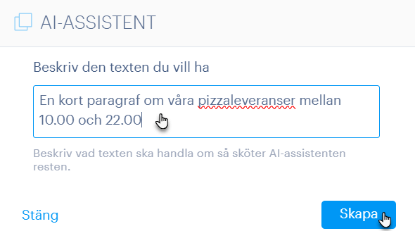 Du får sedan en ruta där du anger instruktion om vad texten ska handla om.