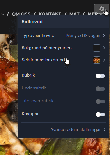 Kugghjulet längst upp till höger redigerar sidhuvudets inställningar