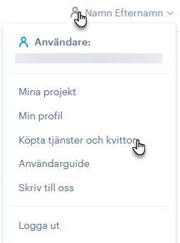 Gå direkt till köpta tjänster och kvitton via menyn i övre högra hörnet.