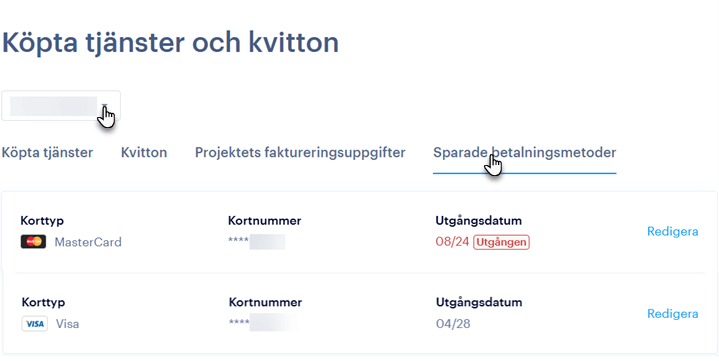 Under Sparade betalningsmetoder hittar du kortet eller korten som används till de aktiva abonnemangen på projektet.
