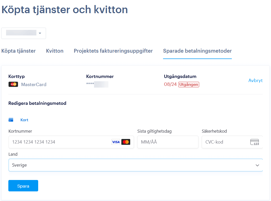 Du kan se om kortet har gått ut och lägga till ett nytt kort, kortet kan bytas ut även om det inte har gått ut.