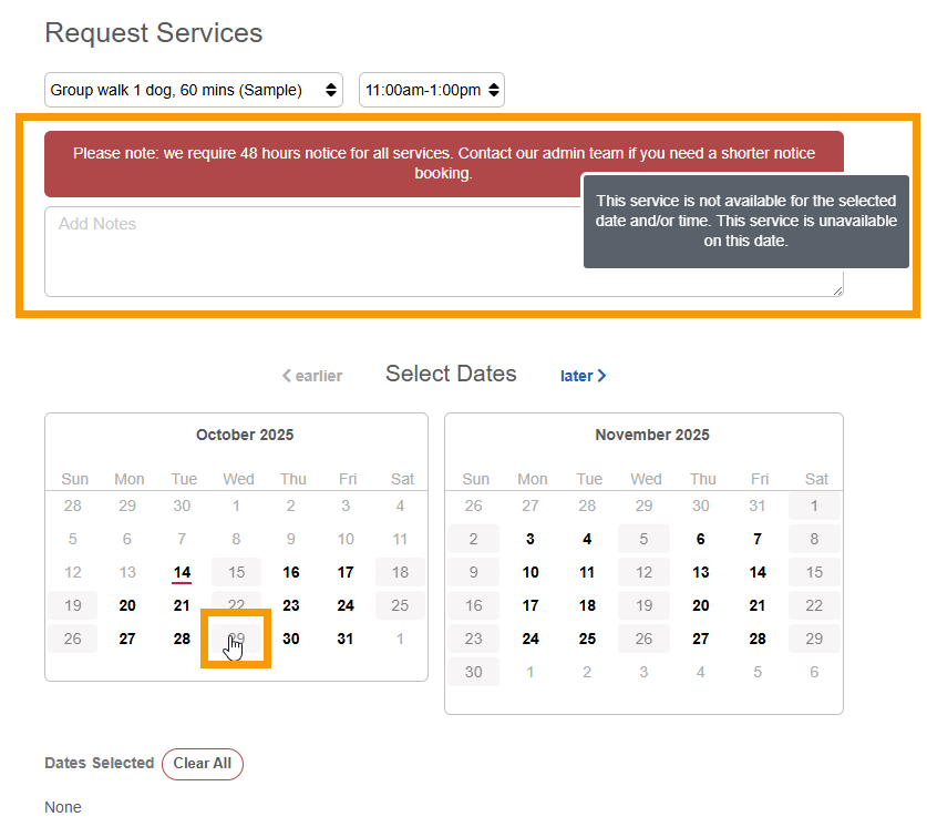 Prevent clients from booking services outside of business operating hours or holidays in Pet Services Software