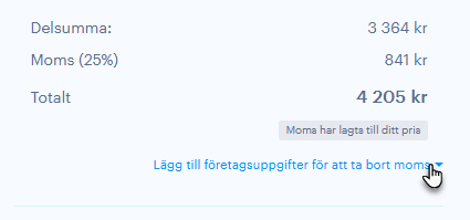 Moms läggs till priset om du inte anger företagsuppgifter.