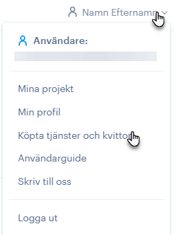 Gå till köpta tjänster och kvitton via menyn för att ändra faktureringsuppgifter.