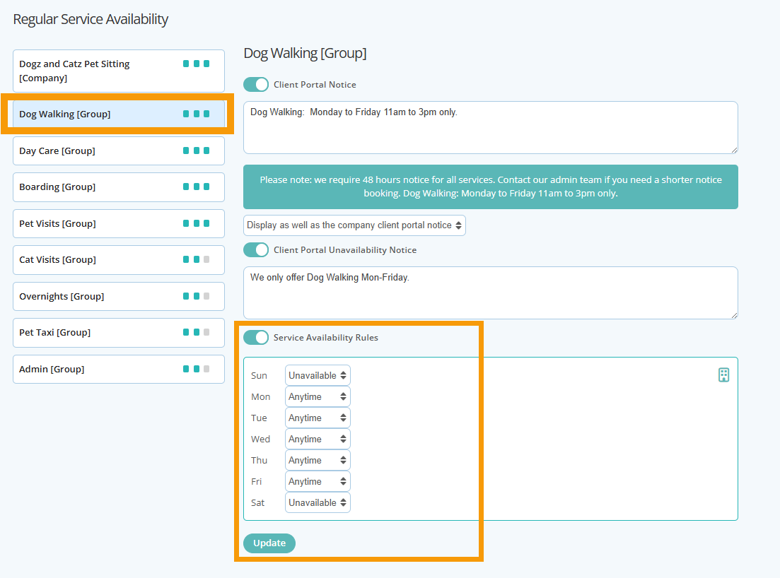 Set Service Availability for Service Groups in Pet Sitting Software