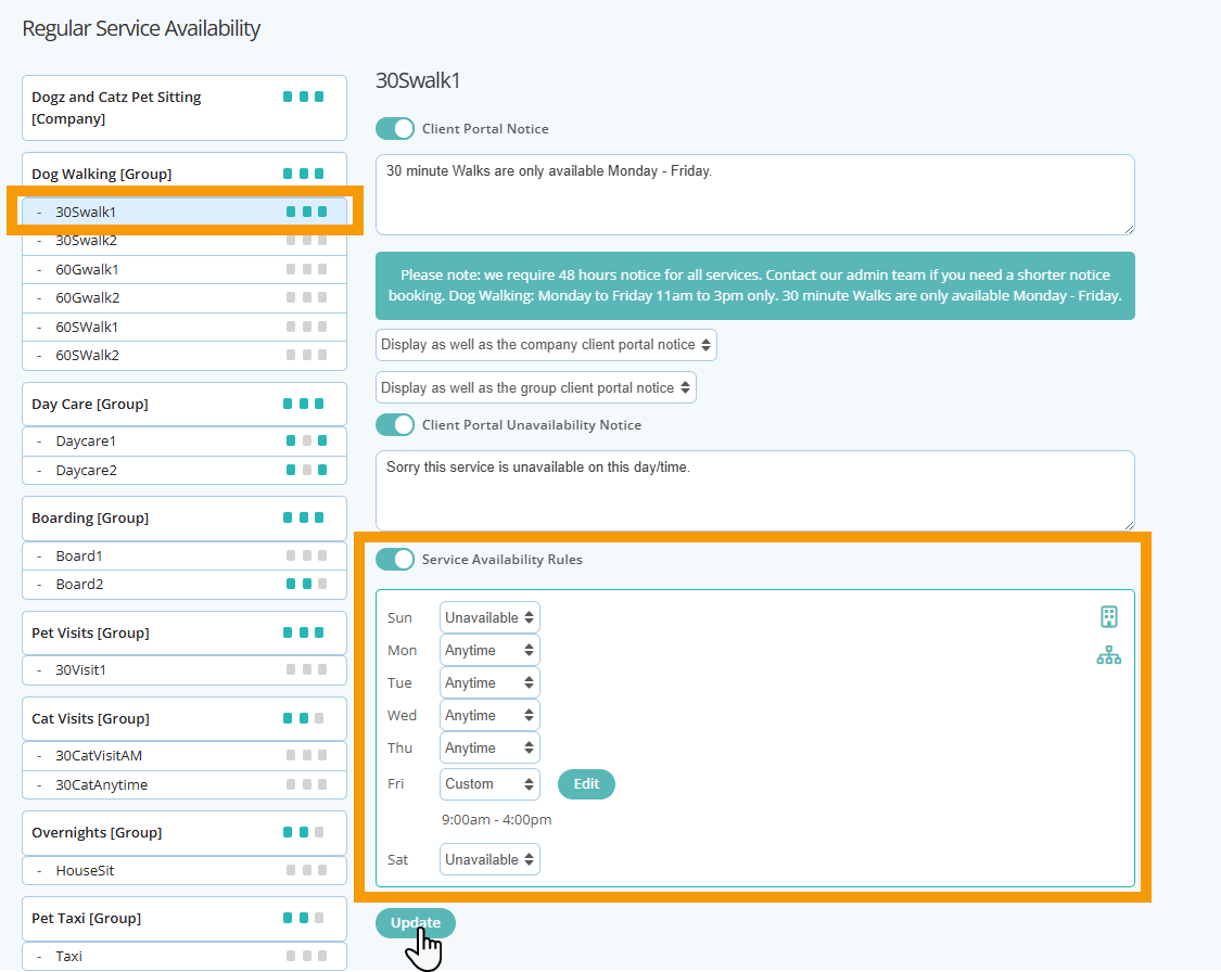Set Service Availability for Service Items in Pet Sitting Software