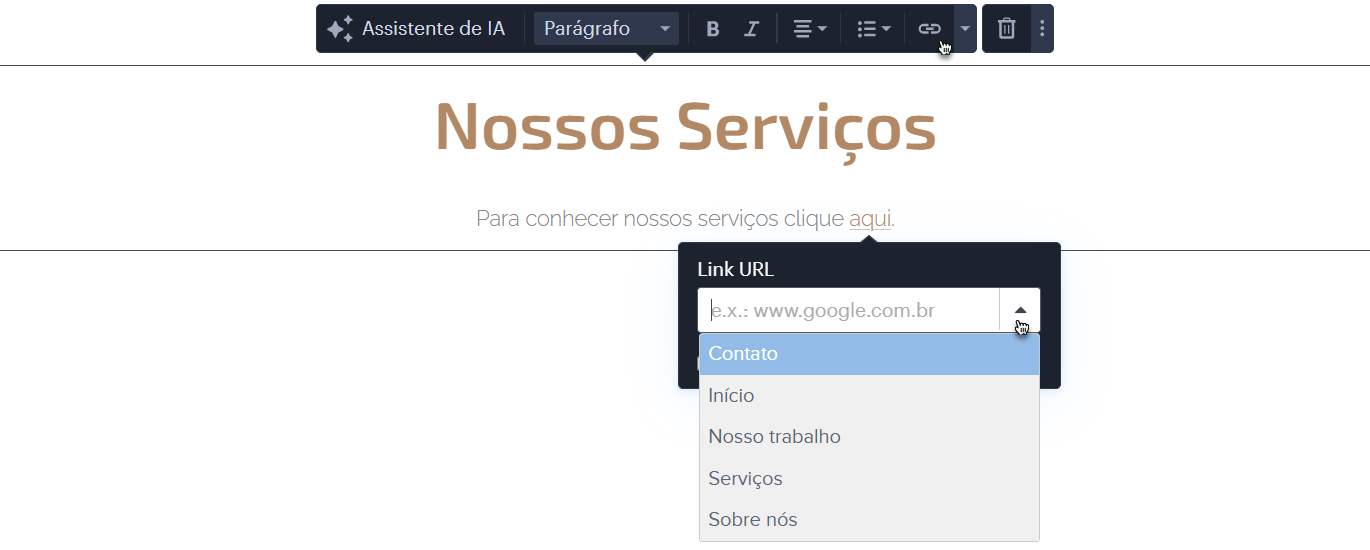 Colar ou escolher um link interno