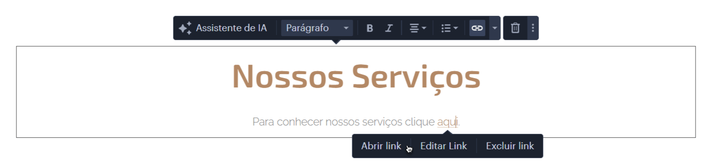 Clicar no link e ver opções Abrir, Editar ou Excluir link