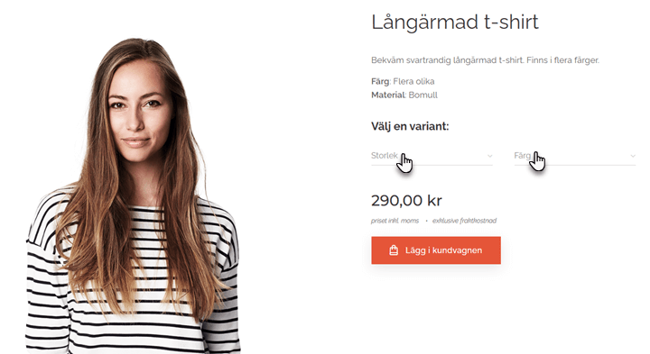 Bild på den publicerade produktsidan, där kunden kan välja önskad färg och storlek.