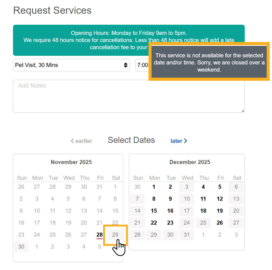 Service Not available to book in the client portal in pet sitting software