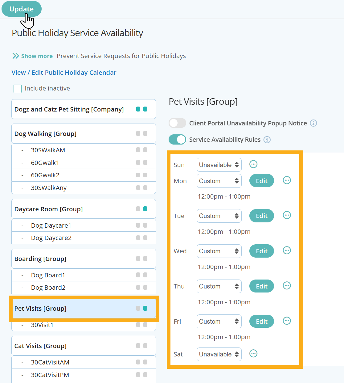 Allow Pet Visits Monday to Friday but only at custom times in Dog Daycare Software