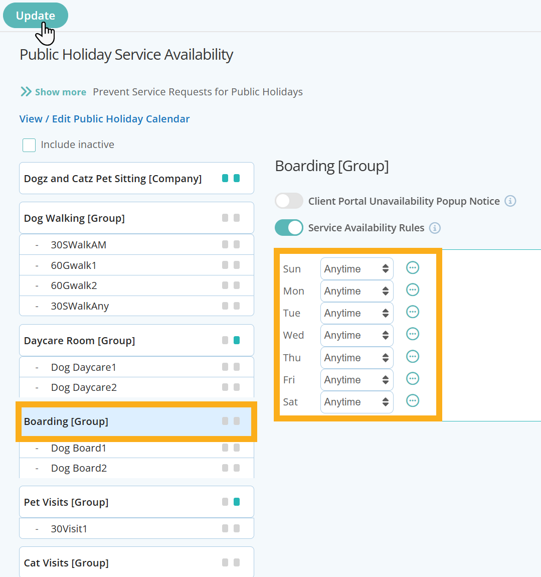 Set Boarding availability to anytime in Dog Sitting Software