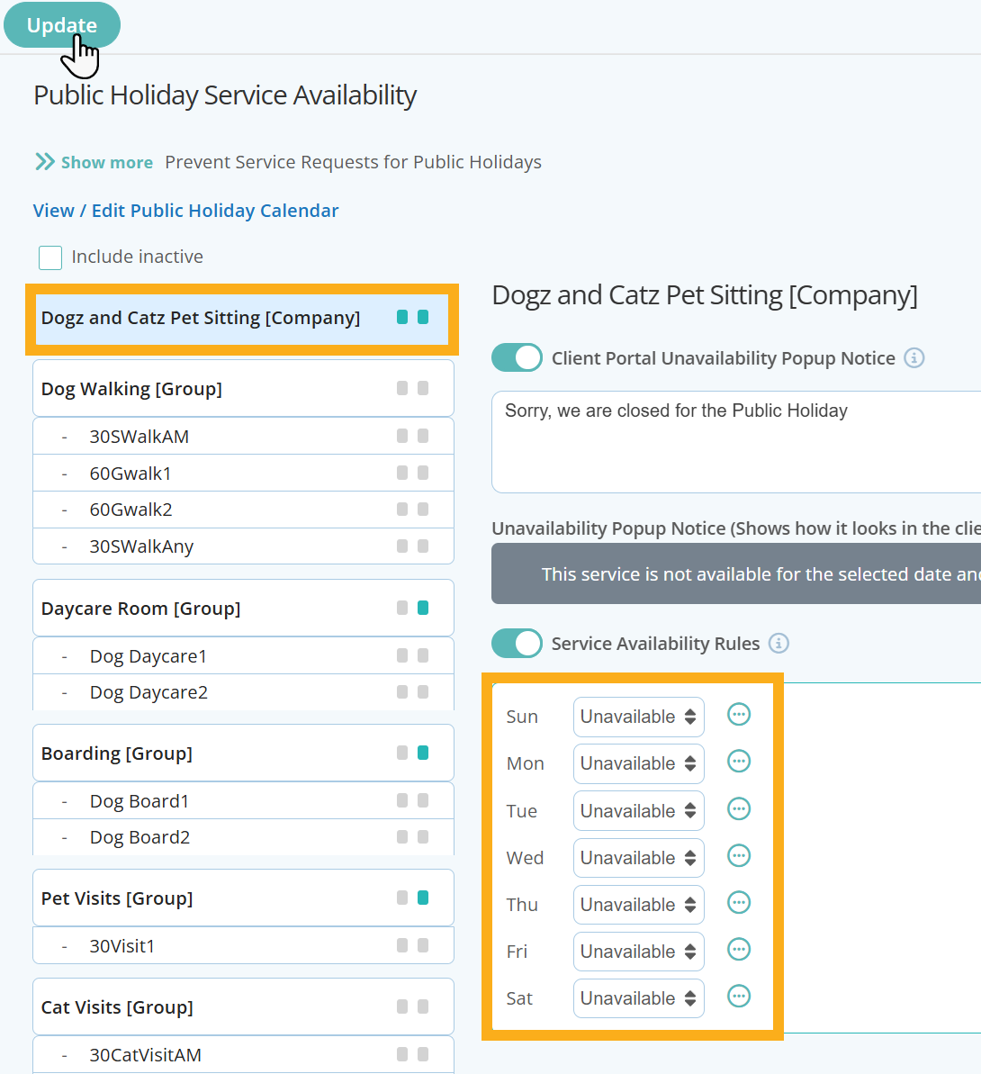 Prevent all services from being requested apart from Boarding services for Cat sitting software