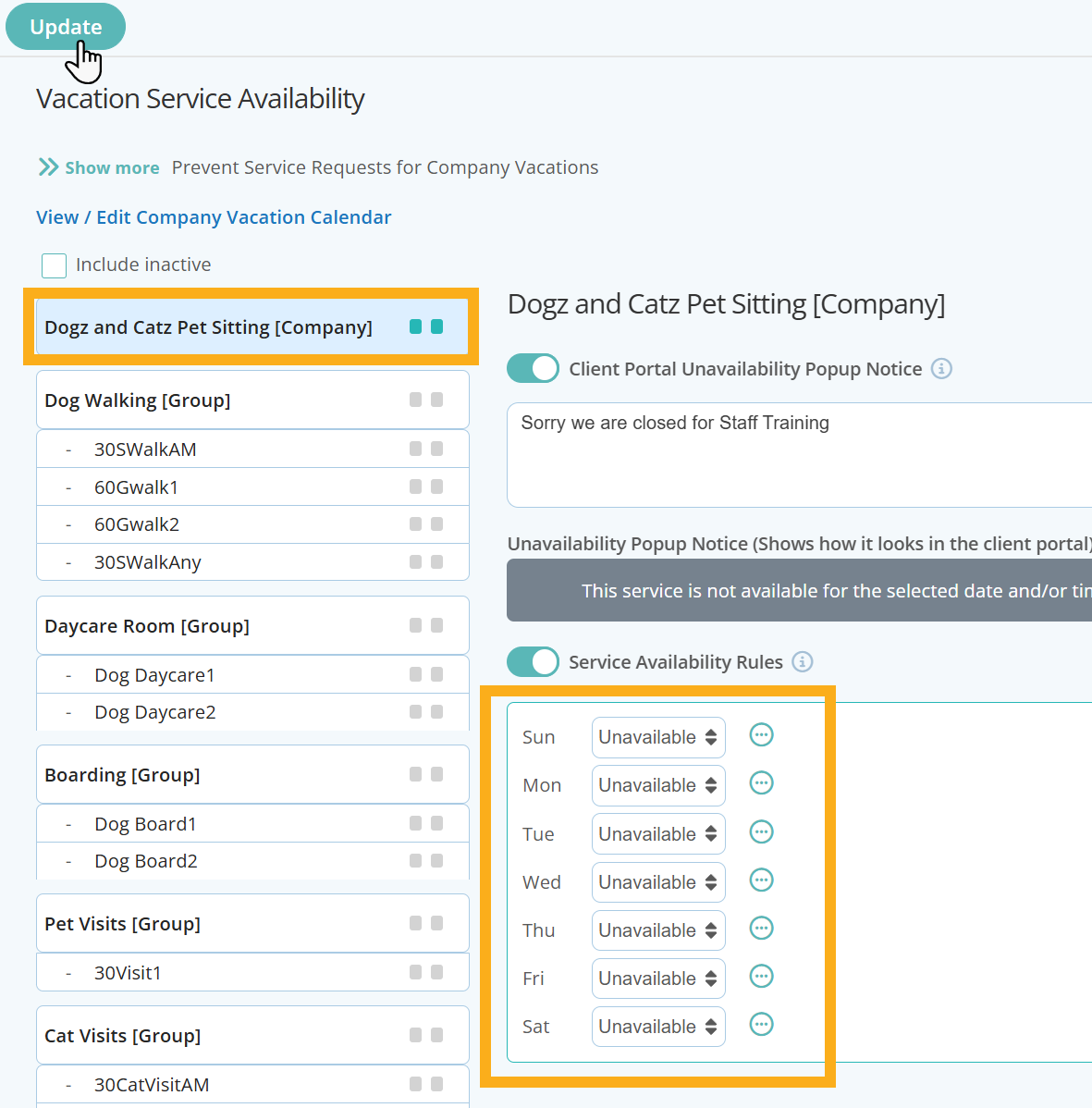 Prevent all services from being requested apart from Boarding services for Cat sitting software