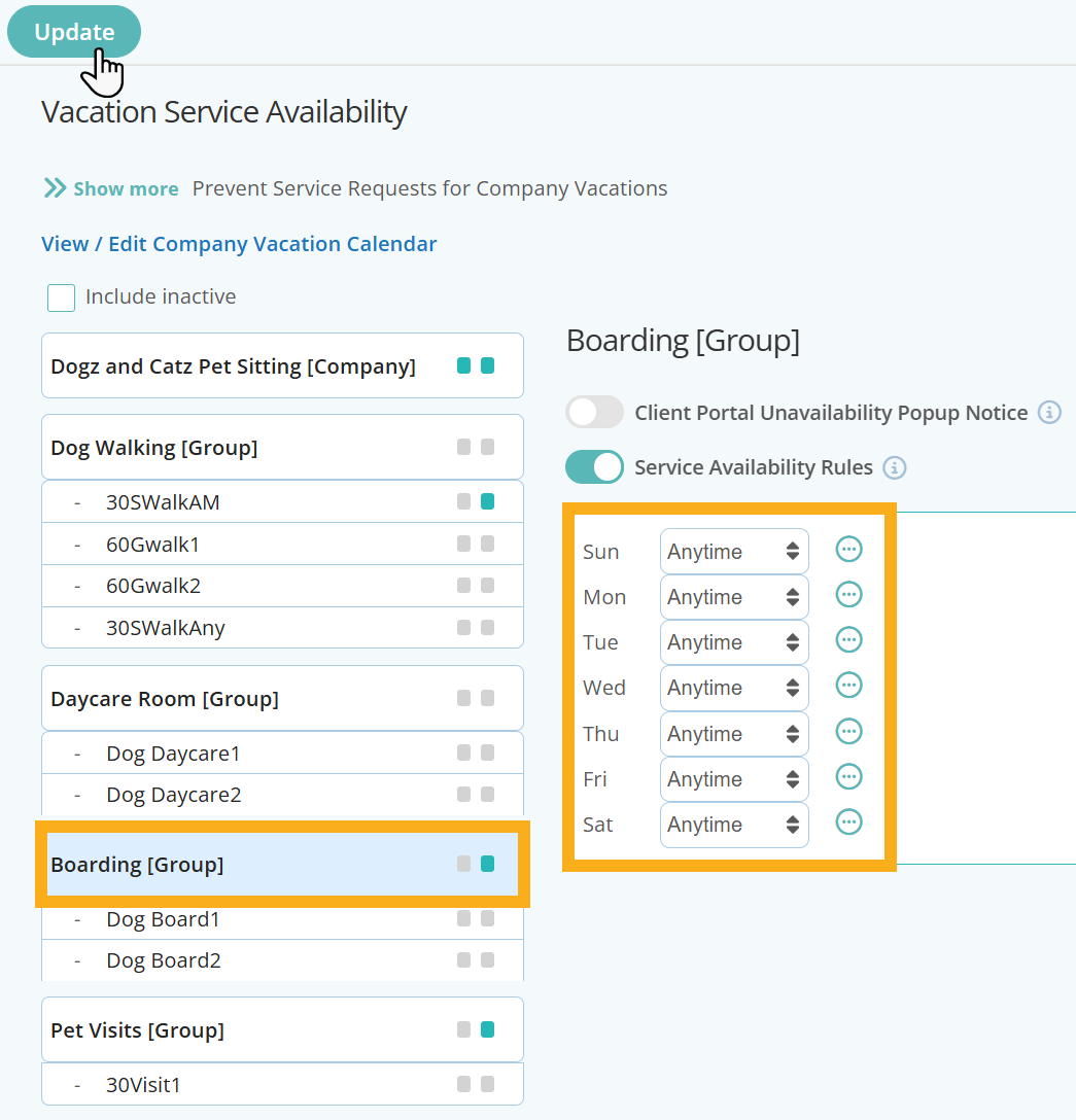 Set Boarding availability to anytime in Dog Sitting Software