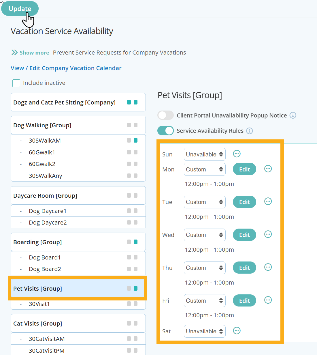 Allow Pet Visits Monday to Friday but only at custom times in Dog Daycare Software