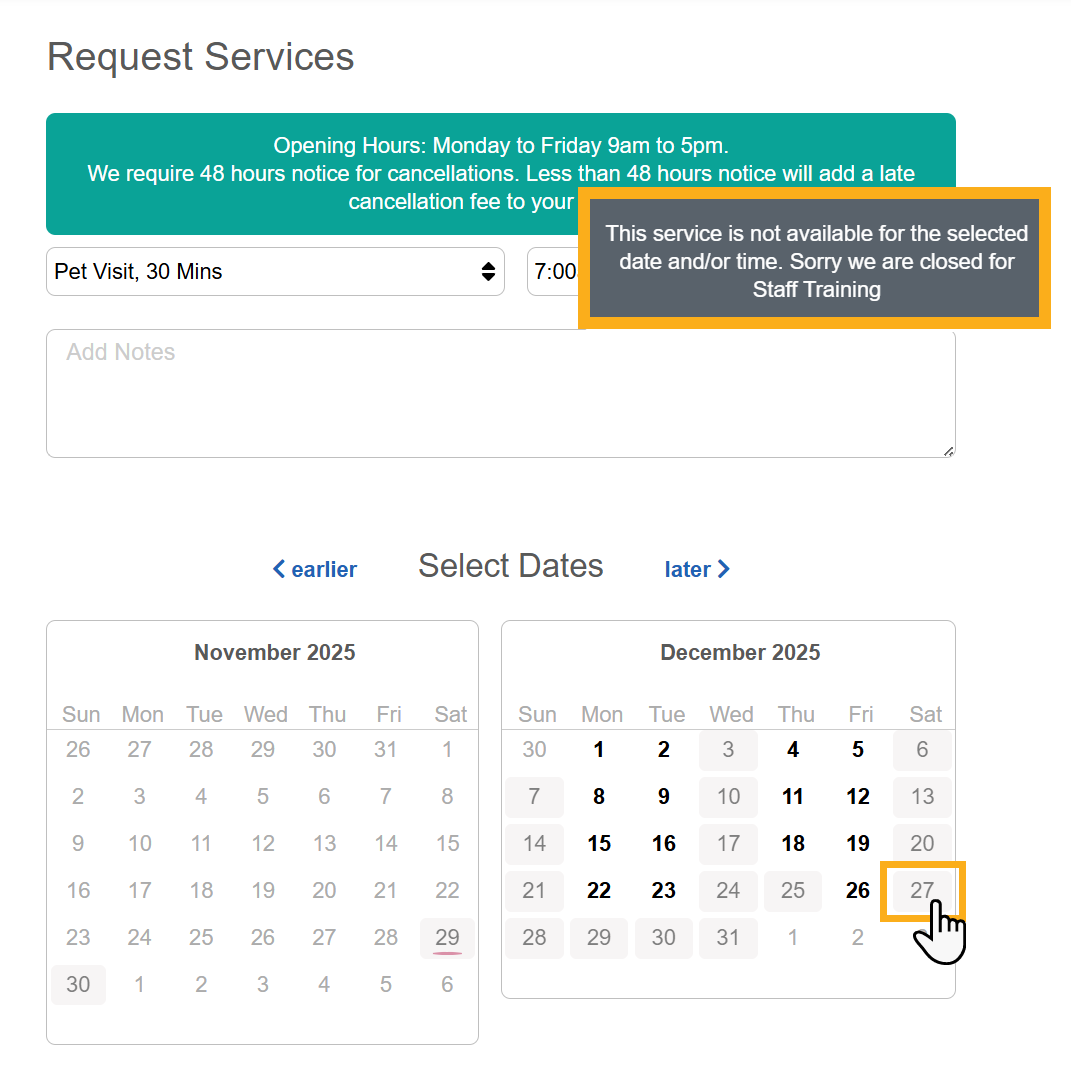 Check Client Portal for Company Vacation Service availability in Pet Sitter Plus, Dog Walking Software