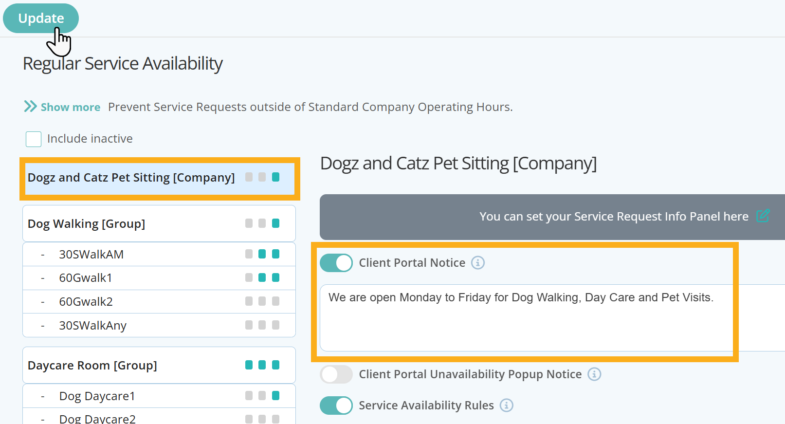 Add a company client portal notice to request services in Dog Walking Software