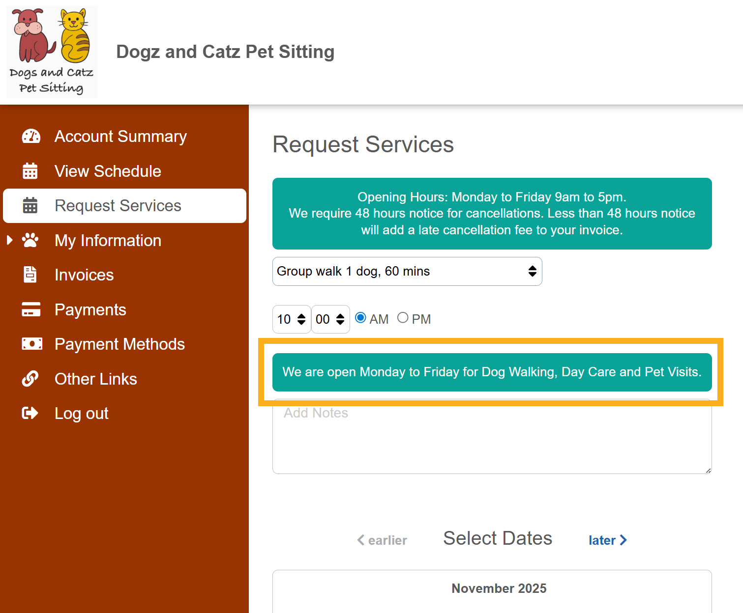 Show client portal notice when a client requests a service in Cat Boarding software.