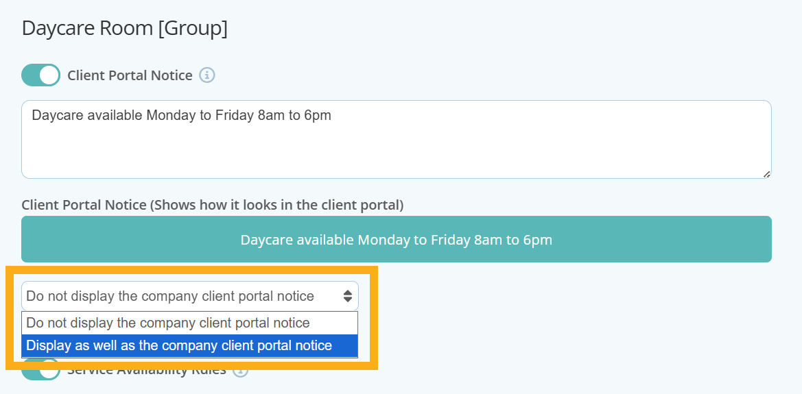Choose whether to display group notice alongside company notice in dog daycare software