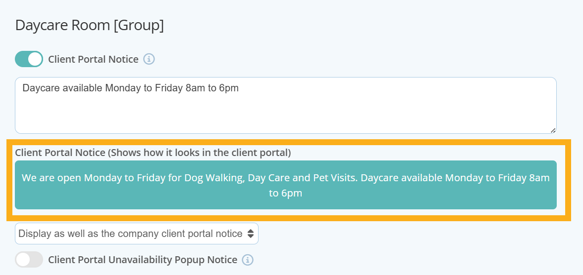 See how your client portal notice looks in service availability for dog walking software