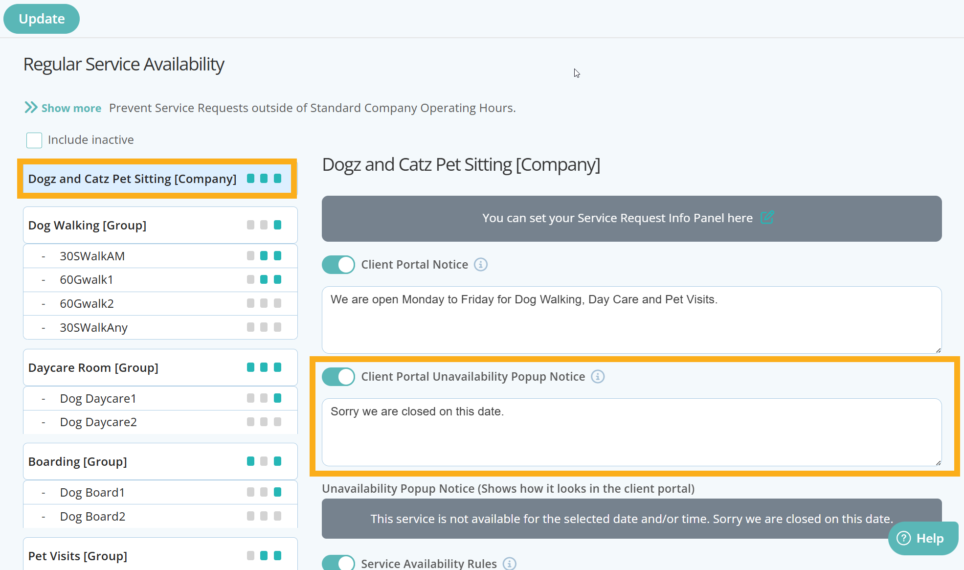 Set a service unavailable notice for clients in Dog Sitting Software