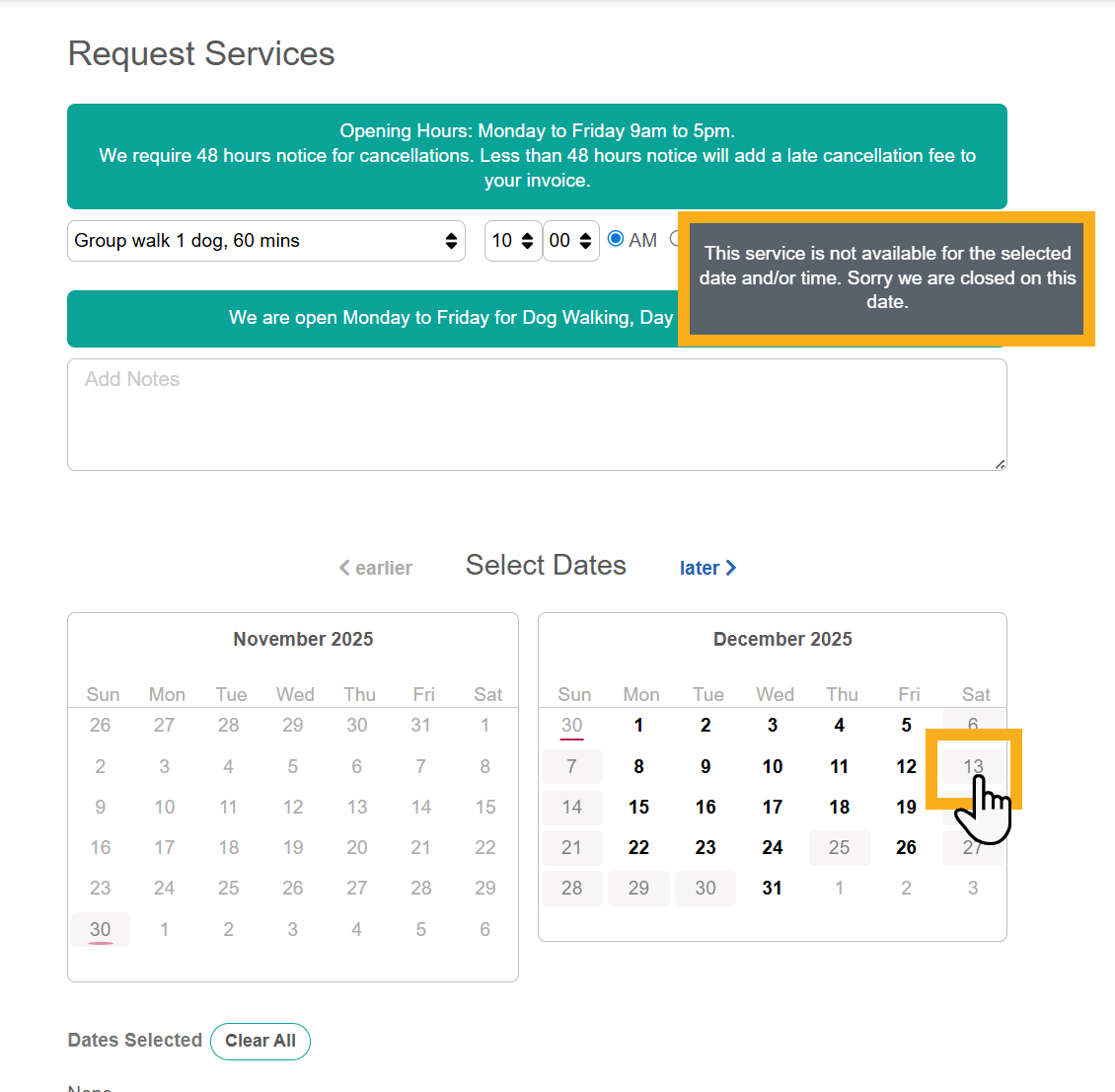View Client Portal Unavailability Pop Up Notice in Pet Sitting Software