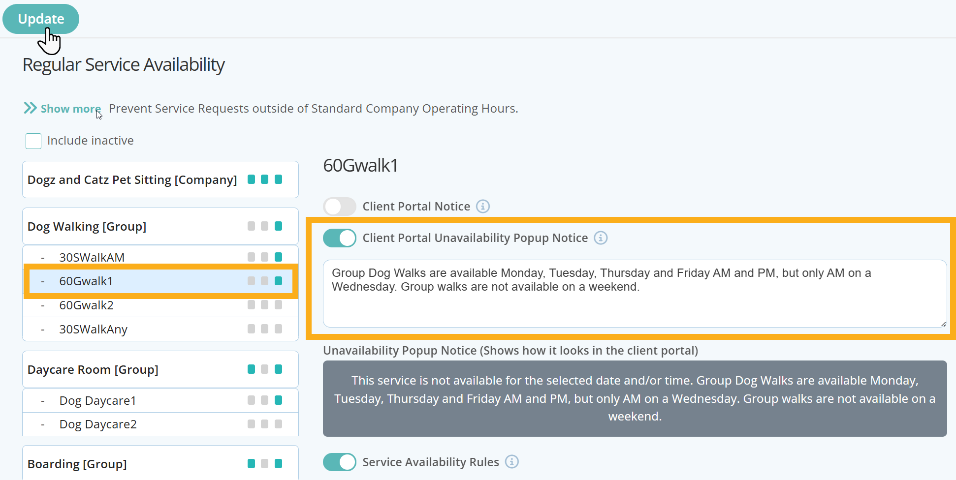Set a Service Level unavailability Notice in Pet Sitter Software