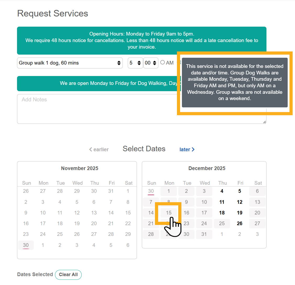 Show unavailability Notice in the Client Portal in Dog Sitting Software