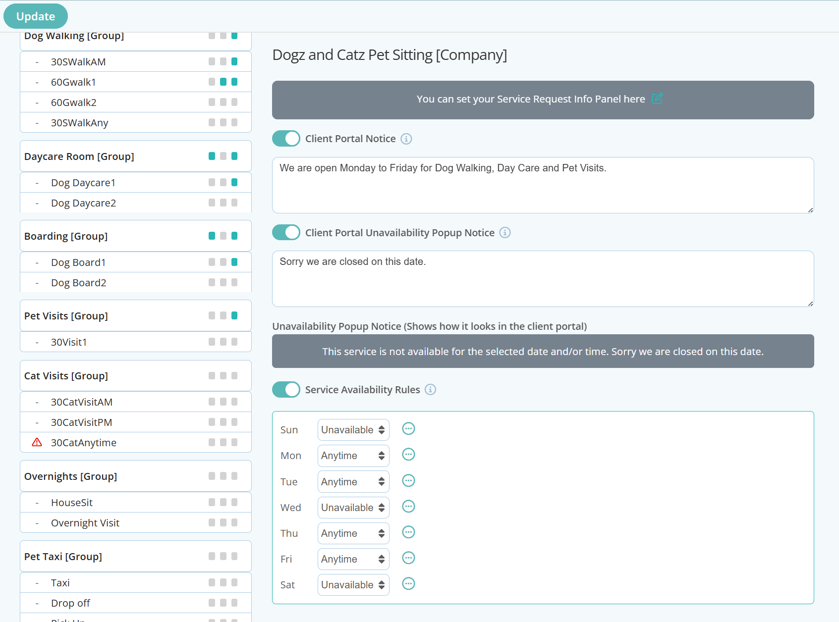 Set business availability to prevent clients from requesting services outside of normal business hours in dog walking software
