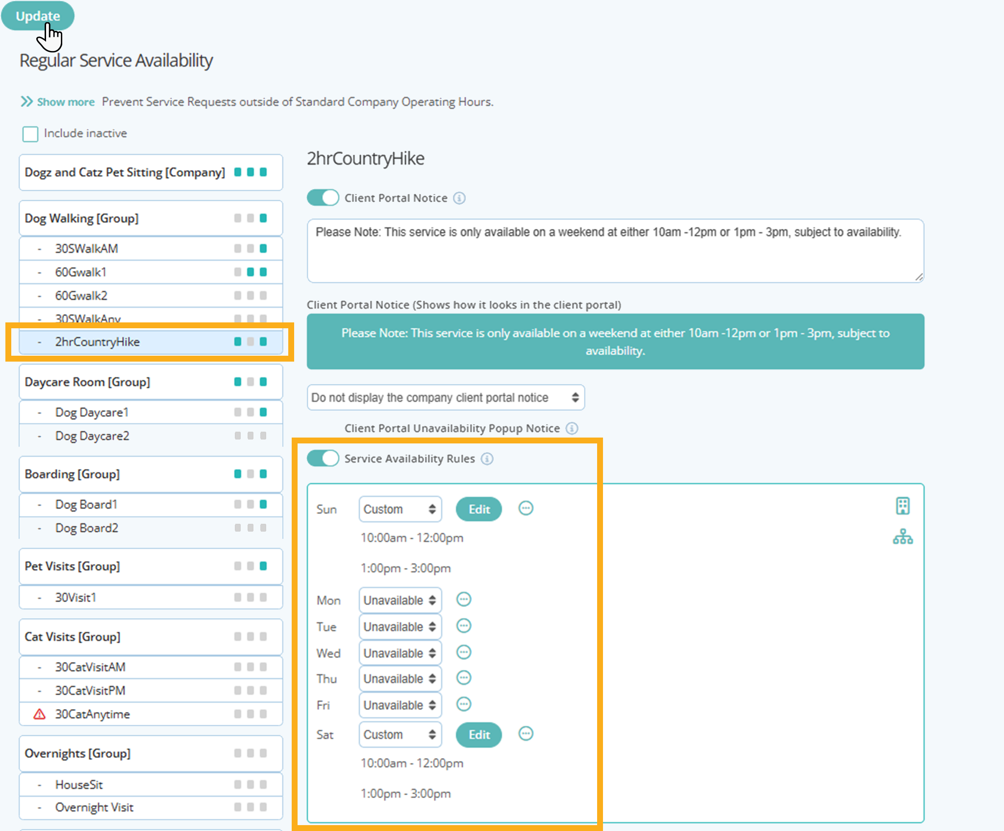 Allow clients to book a two hour hike on a weekend, but not during the week in Dog Daycare Software