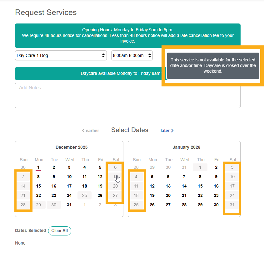 View Service Availability Settings for Daycare in Dog Daycare Software