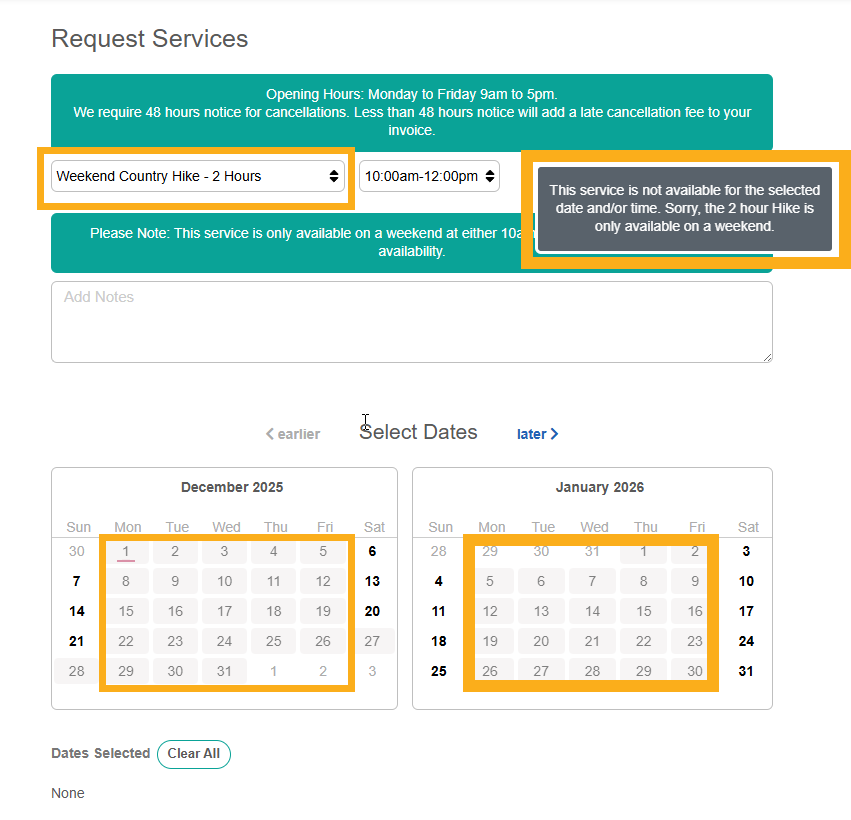 View Service Availability Settings for a weekend hike in Dog Daycare Software