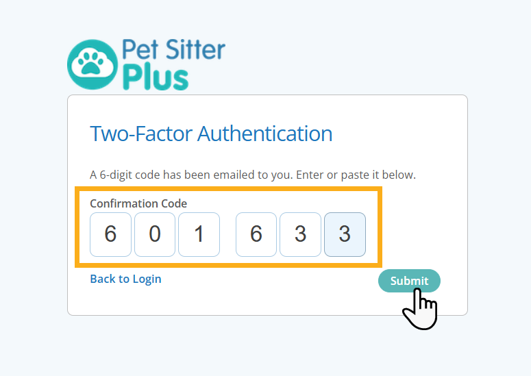 Paste Two-Factor Authentication code into Confirmation Code box in Pet Sitting Software