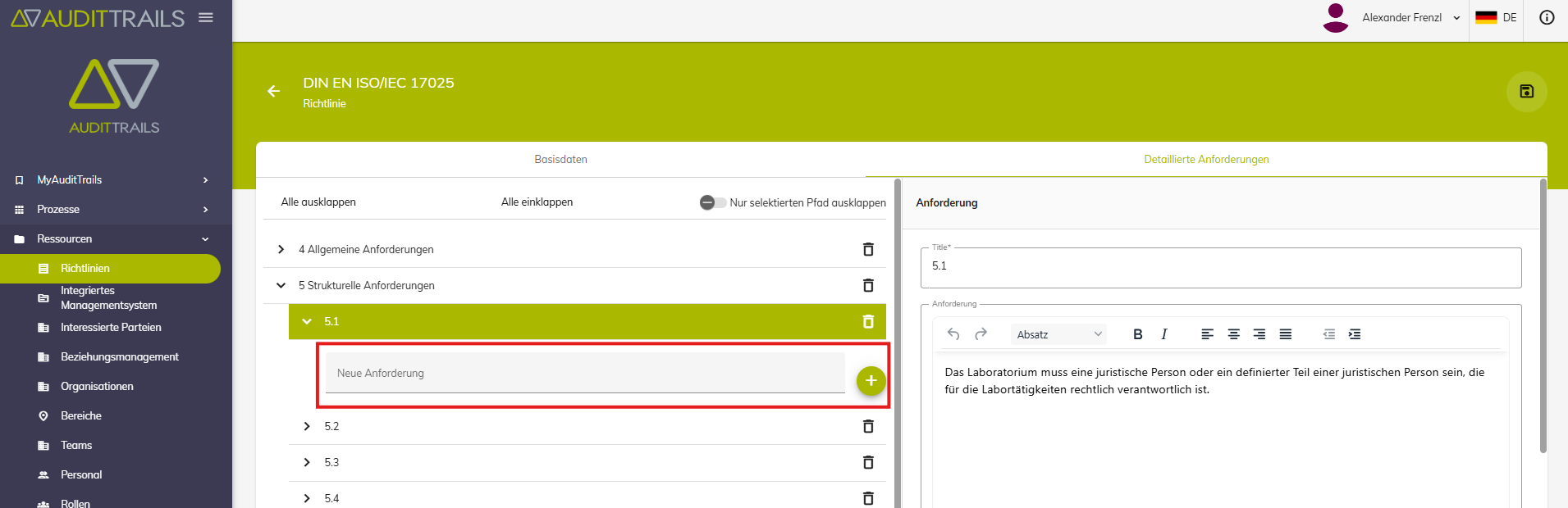 Einfügen neuer Abschnitte in die Richtlinie