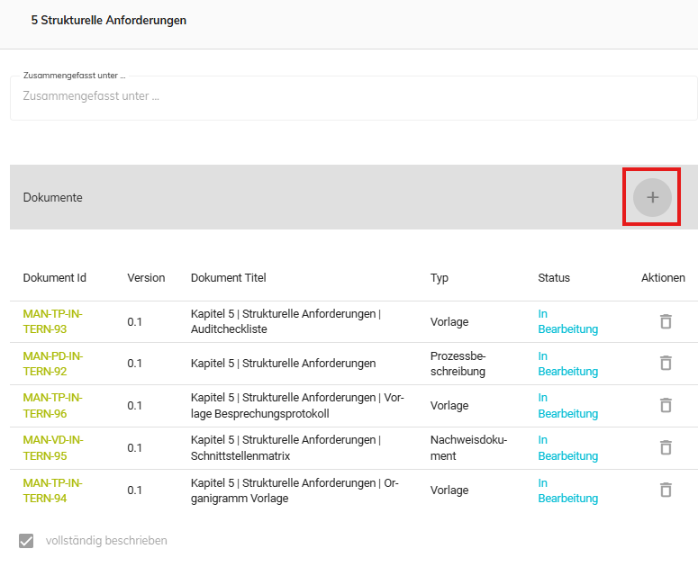 Einfügen von Dokumenten in das Richtlinienkapitel
