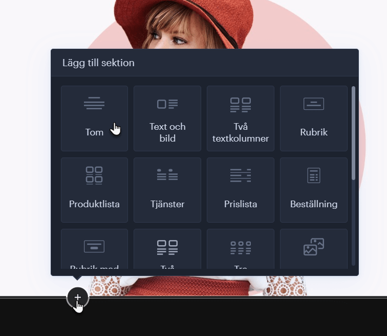 De olika sektionerna som du kan lägga till.