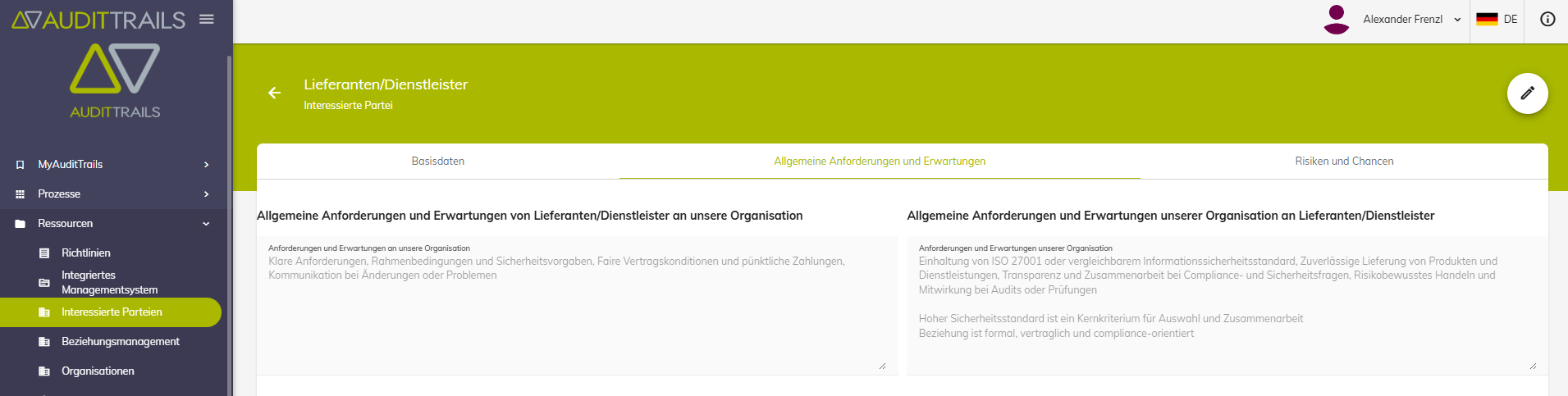 Anforderungen und Erwartungen interessierter Parteien