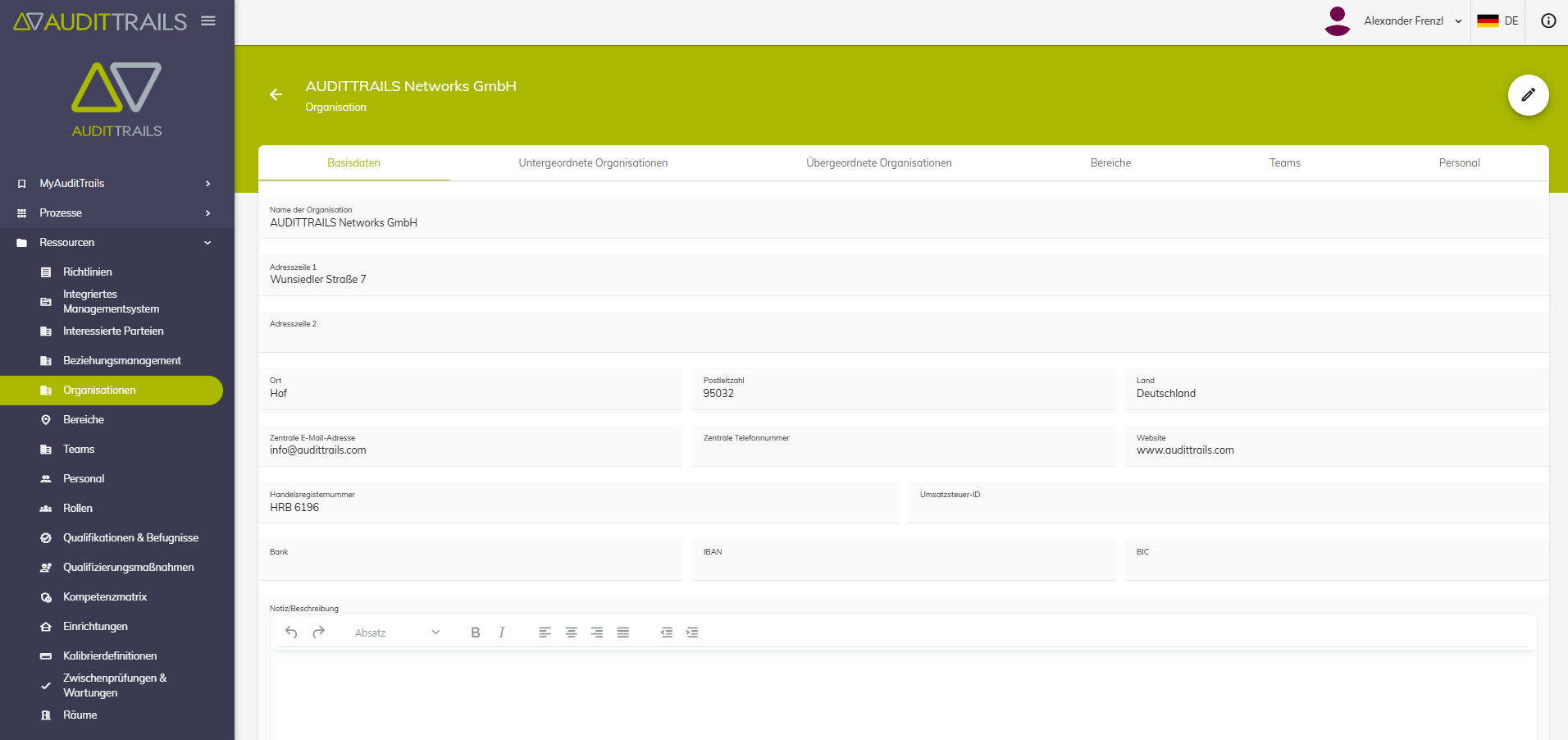 Der Datensatz "Organisationen"