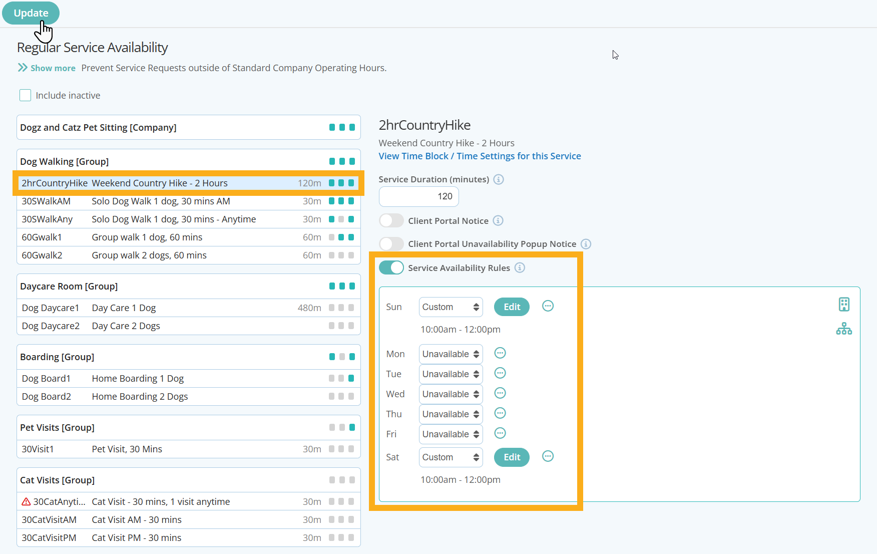 Set Service Availability for Service Items in Pet Sitting Software