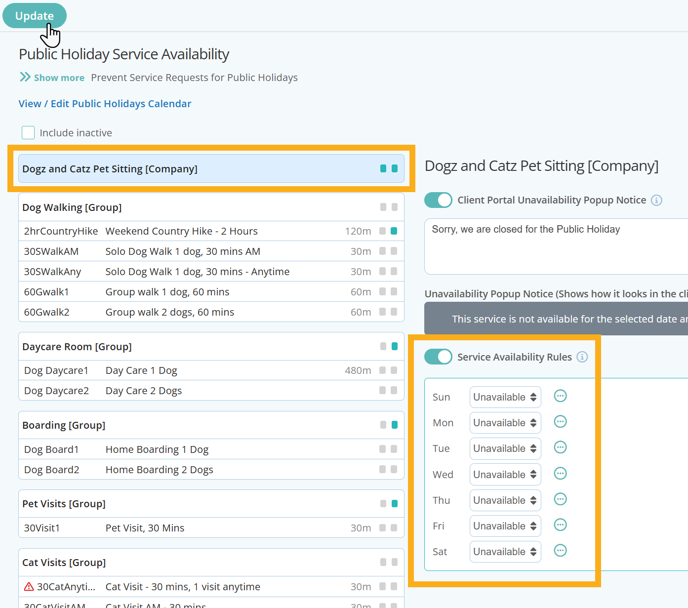 Prevent all services from being requested apart from Boarding services for Cat sitting software