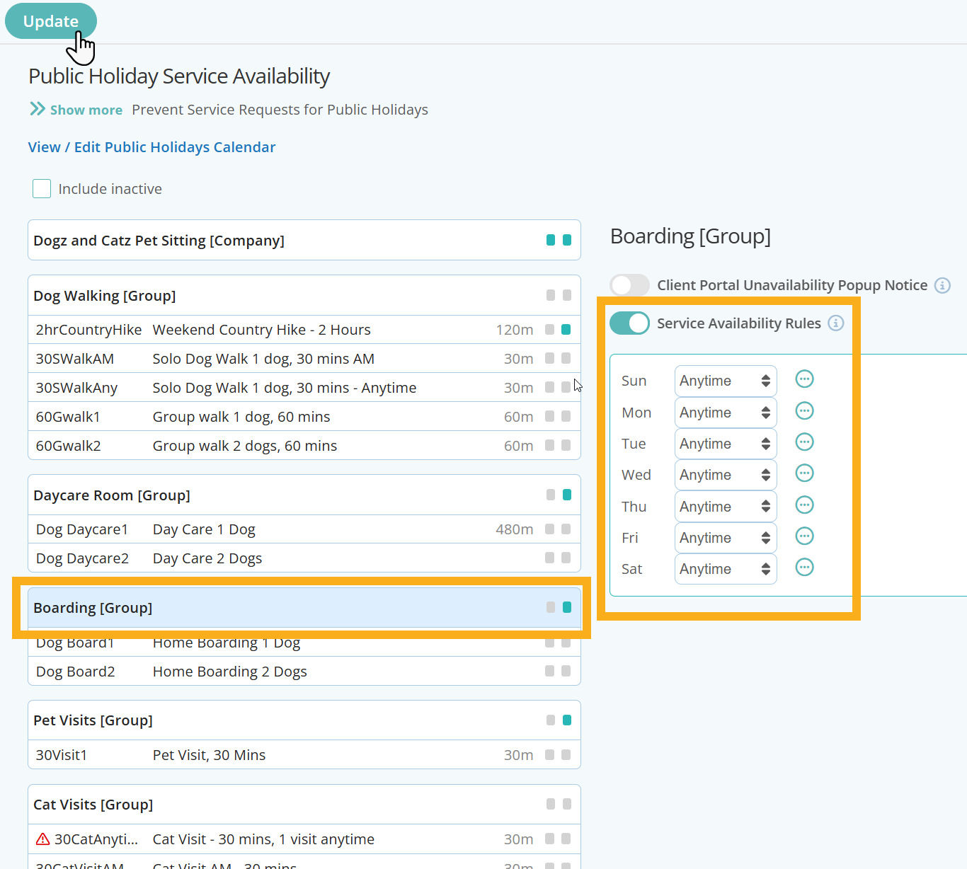 Set Boarding availability to anytime in Dog Sitting Software