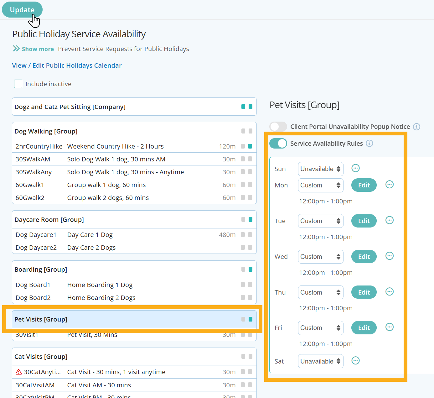 Allow Pet Visits Monday to Friday but only at custom times in Dog Daycare Software