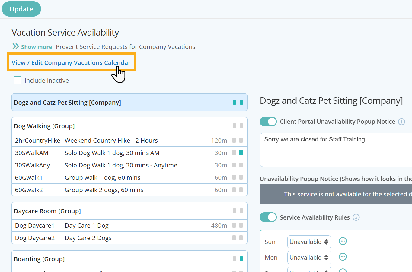 Access the Company Vacation Calendar using the shortcut link in Pet Sitter Plus