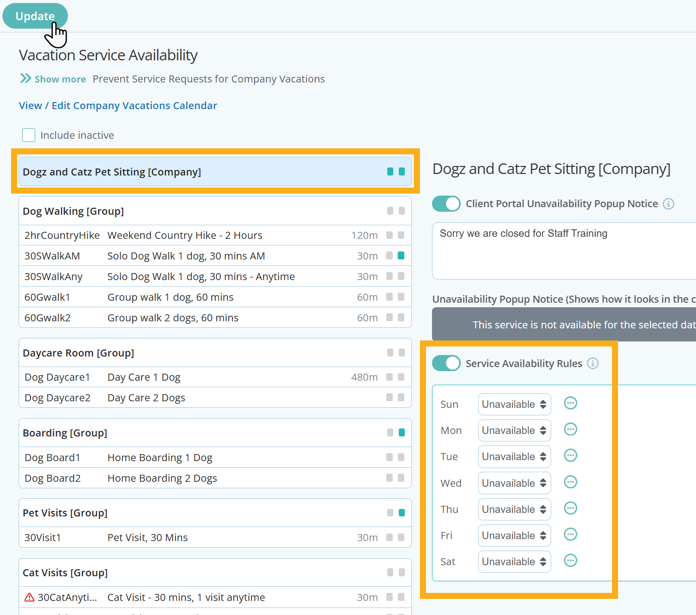 Prevent Service Requests for Company Vacations in Dog Walking Software