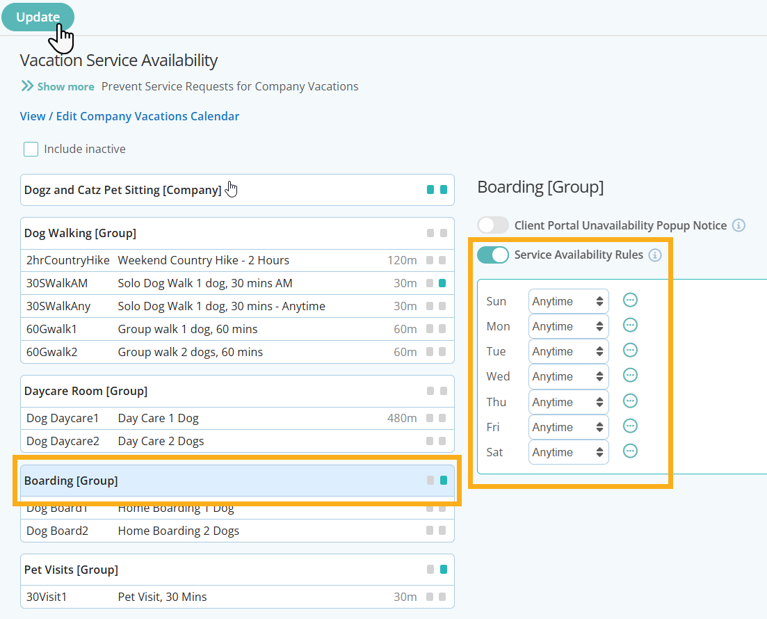 Set Boarding availability to anytime in Dog Sitting Software
