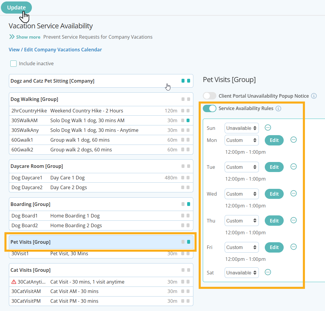Allow Pet Visits Monday to Friday but only at custom times in Dog Daycare Software